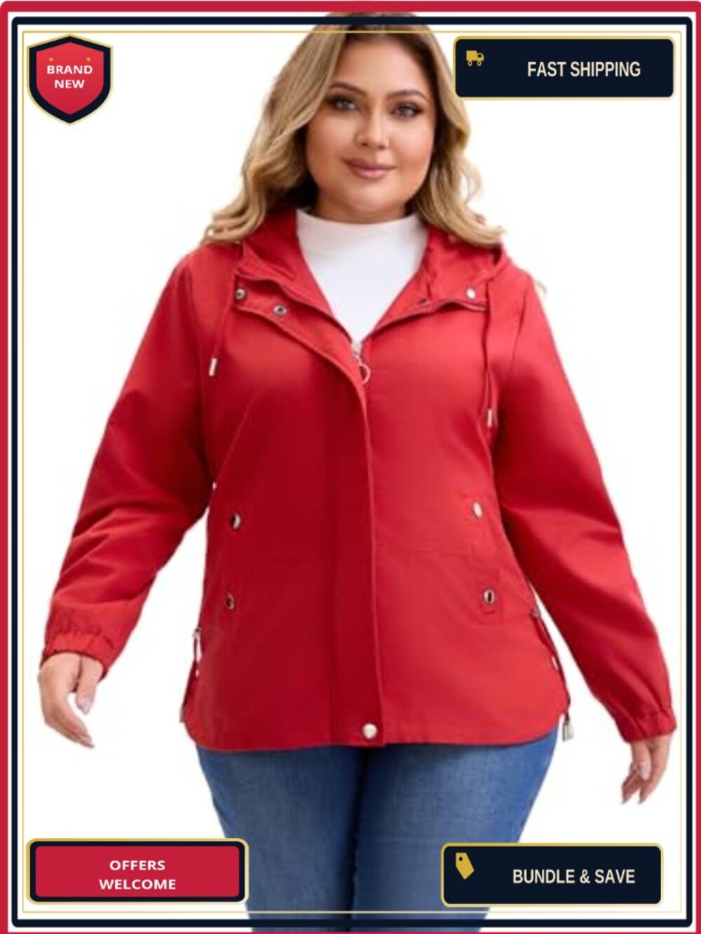 Plus Size Trench Coat Lightweight Anorak Hooded Utility Pockets Zip Up